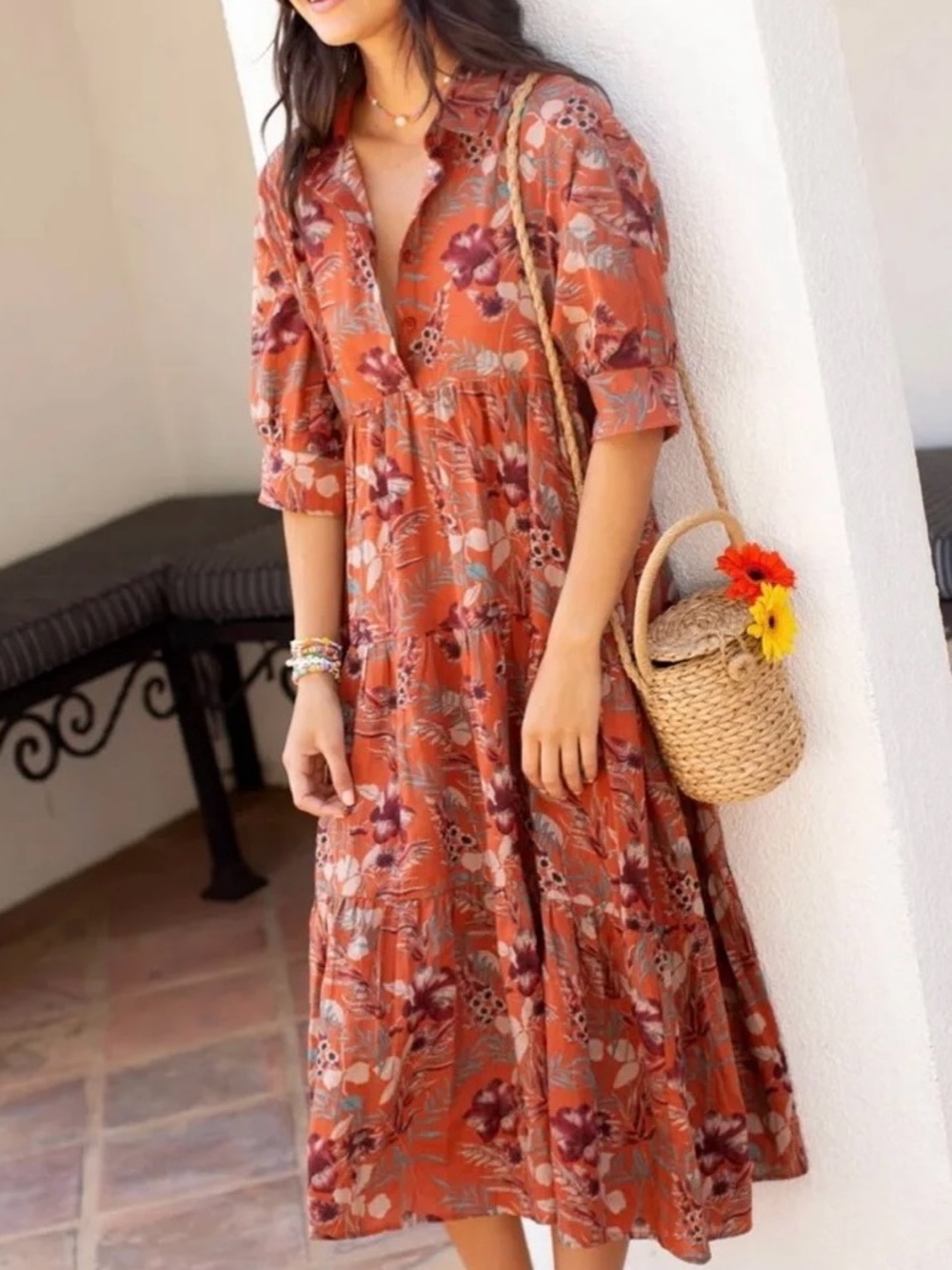 Natural Life Rebecca Tiered Midi Dress in Rust / Orange Sz Large NWOT - Picture 3 of 10